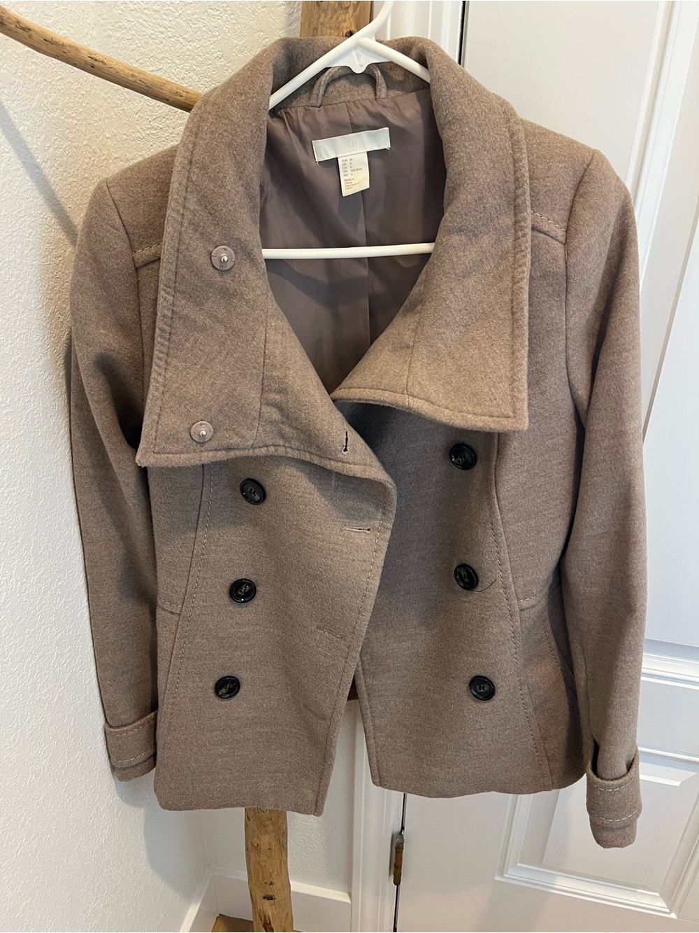 H&M Double-Breasted Peacoat in Taupe